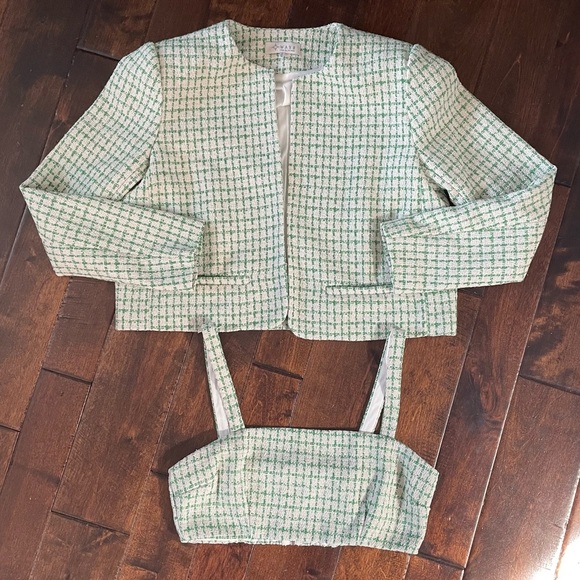 WAYF Tweed Cropped Blazer + Bralette Set Green and Cream Size Small - Picture 2 of 15